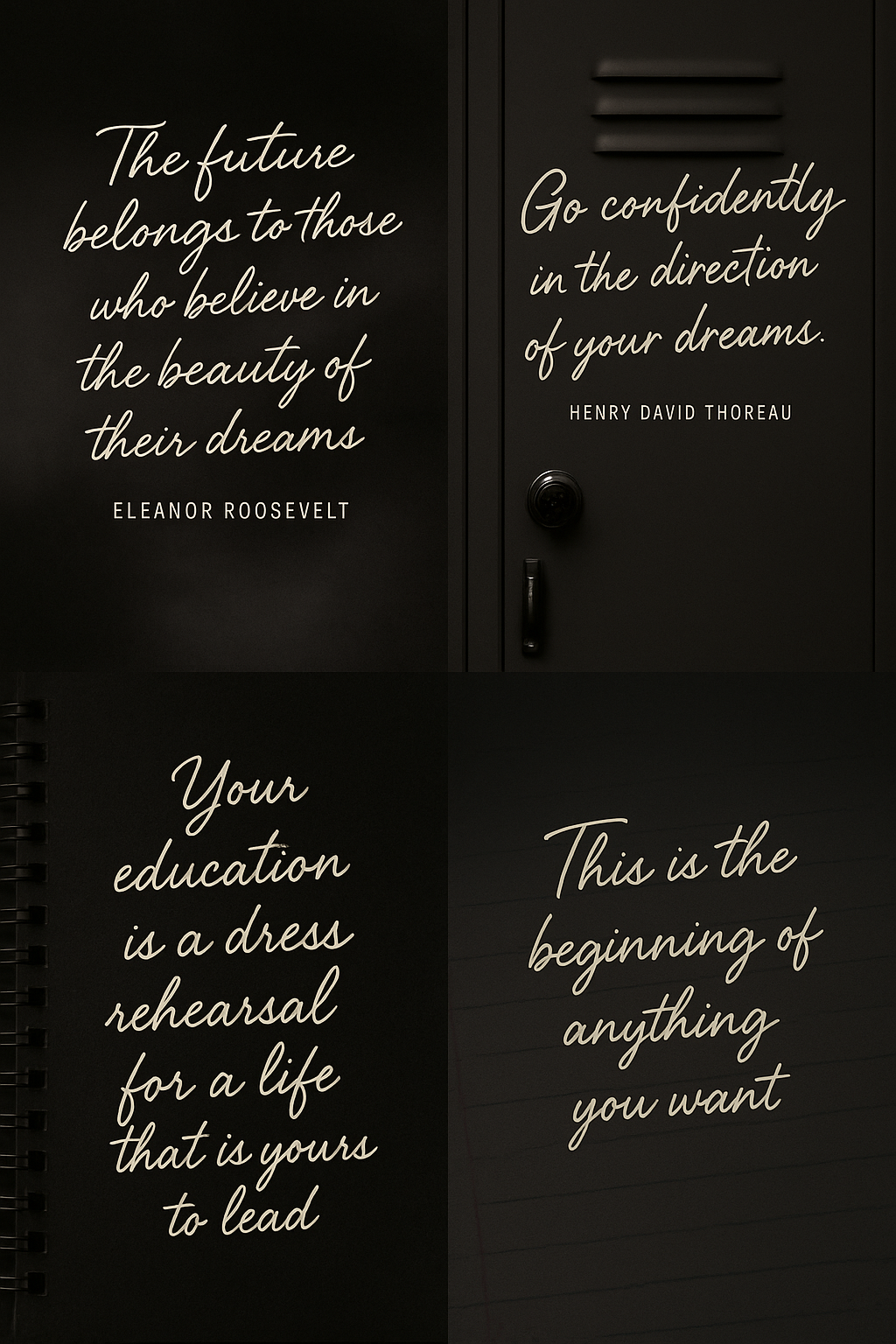 Grid of dark-toned, moody quote cards for Pinterest and Instagram🖤 Think- black gradients, handwritten font overlays, student locker backdrops, or notebook paper aesthetic