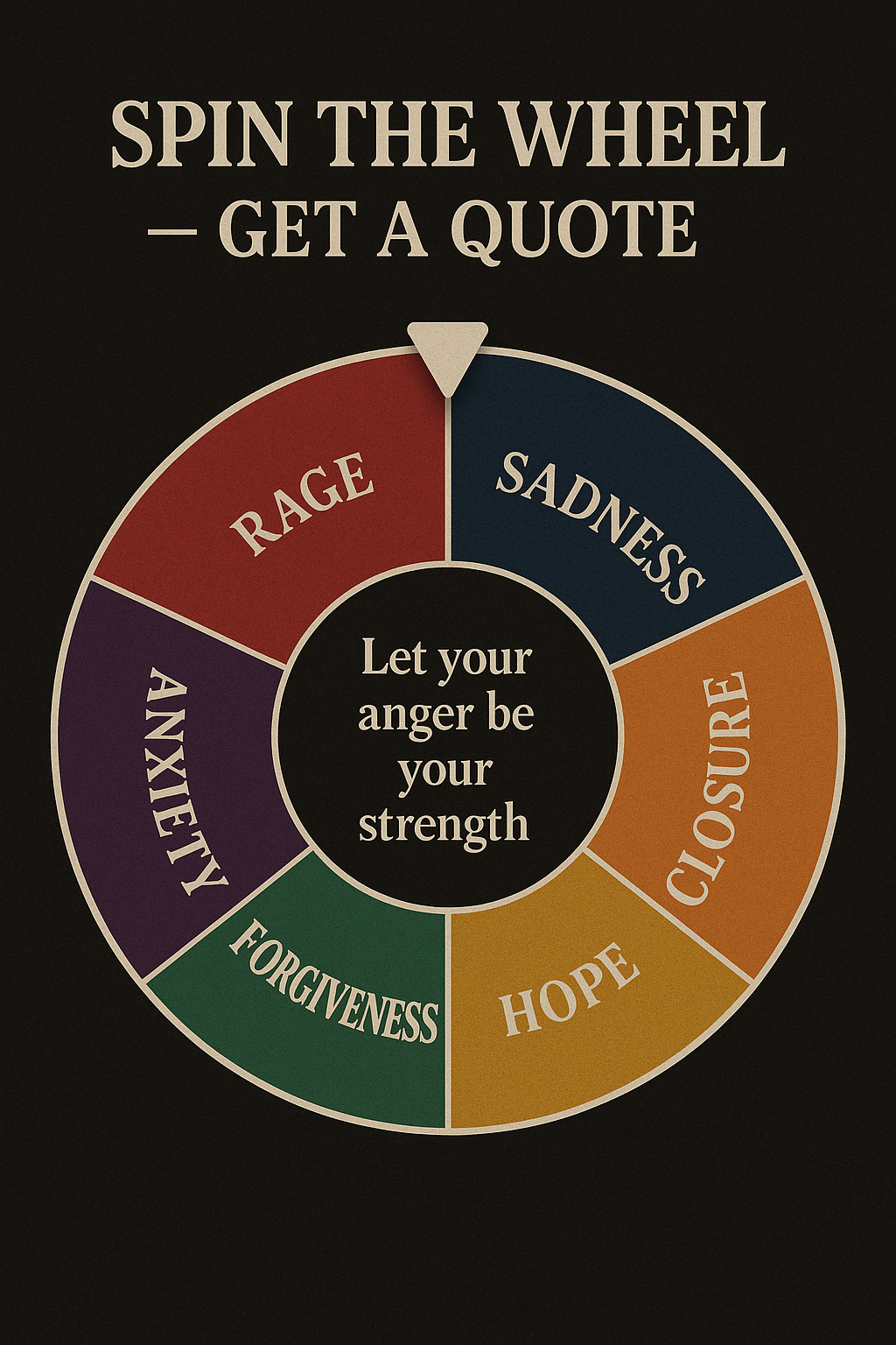 An emotion-based quote wheel with clickable segments labeled “Rage,” “Closure,” “Forgiveness,” etc., that spin to reveal a matching quote for that feeling.