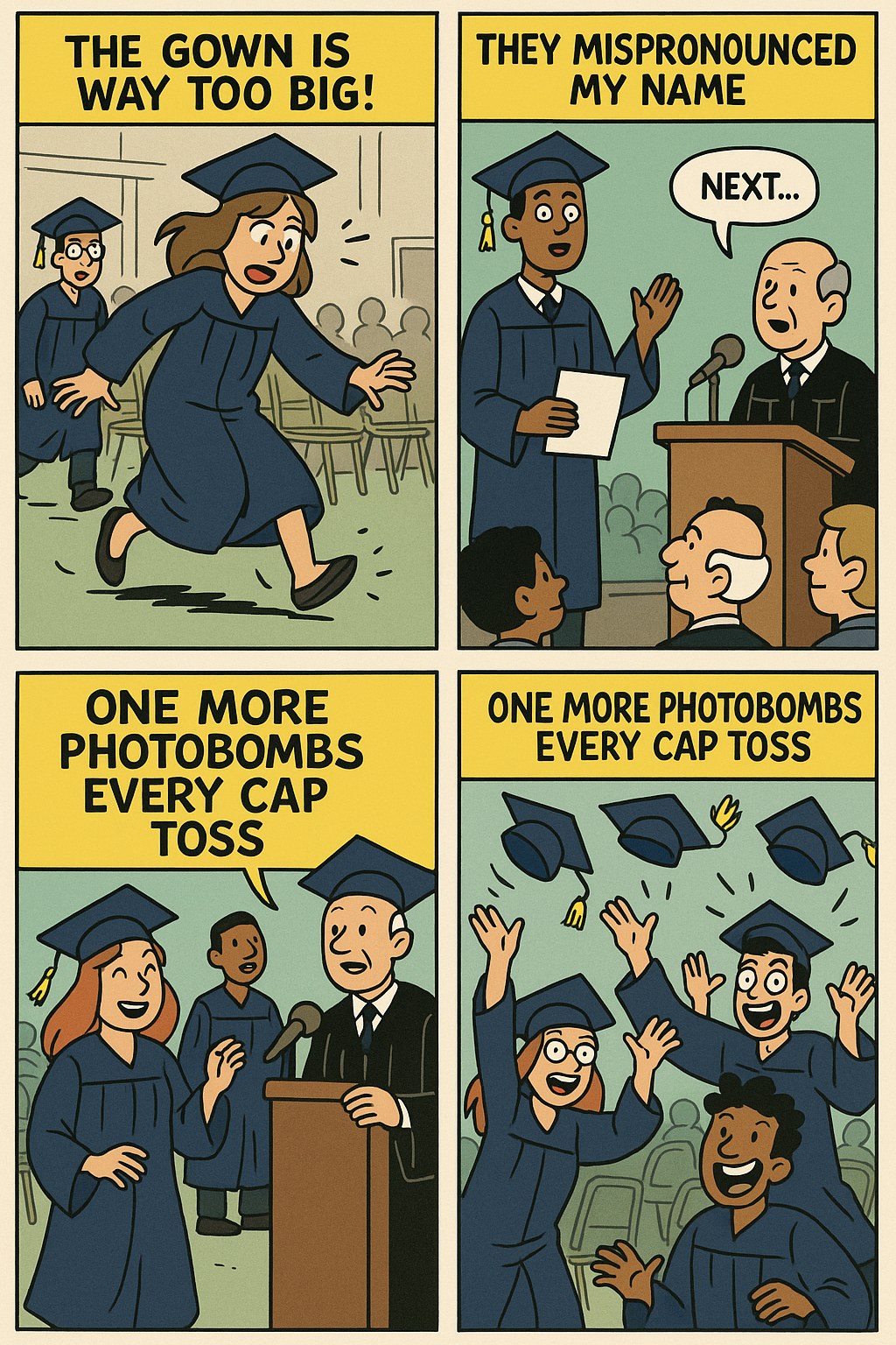 A comic-style graphic or strip depicting a graduation day full of mishapsâoversized gowns, name mispronunciations, and one student photobombing every cap toss.
